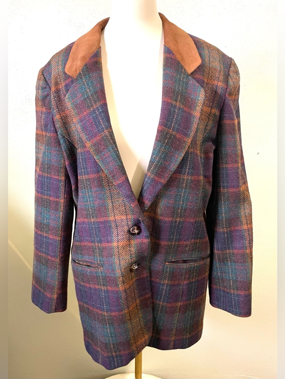 International Scene Wool Plaid Blazer Suede Collar 3 Button Jacket Sz 12 Vintage